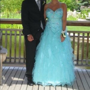 Dreamy aqua blue Le Gala by Mon Cheri prom dress